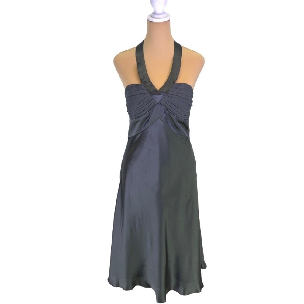 BCBG Paris Y2K Silk Halter Midi Dress Size XS-S Ruched Bodice Cocktail Formal